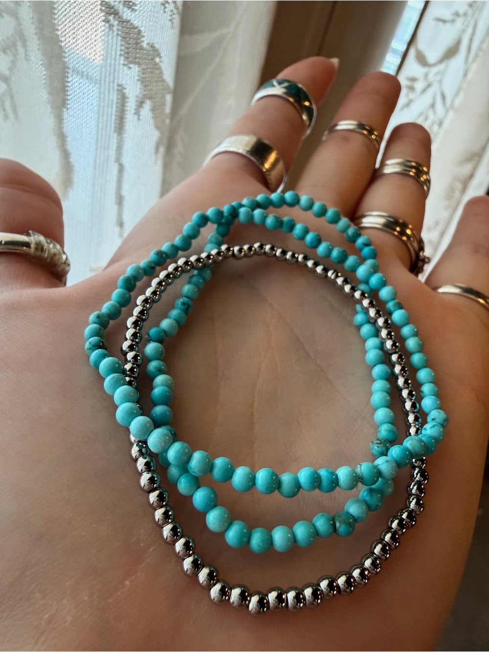 Genuine Turquoise & Stainless Steel Beaded Stretch Bracelet Set - Set of 3